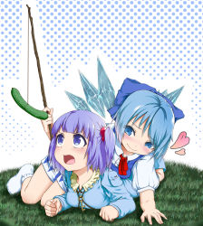 Rule 34 | 2girls, blue eyes, blue hair, blush, bobby socks, bow, cirno, colored eyelashes, cucumber, dodomakunaru, fangs, hair bobbles, hair bow, hair ornament, halftone, halftone background, heart, highres, ice, ice wings, kawashiro nitori, key, light purple hair, long sleeves, lying, lying on person, multiple girls, neck ribbon, no headwear, on ground, on stomach, open mouth, purokisip, ribbon, short hair, short twintails, smile, socks, tears, teasing, touhou, twintails, two side up, white legwear, wings