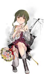 Rule 34 | 1girl, blazer, blush, boots, bouquet, brown eyes, cross-laced footwear, defeat, dress, flower, fujikawa, full body, green hair, grey thighhighs, jacket, kantai collection, lace-up boots, long sleeves, machinery, official art, pleated dress, purple dress, rigging, shirt, short hair, skirt, solo, takanami (kancolle), takanami kai ni (kancolle), thighhighs, torn clothes, torn dress, torn jacket, torn shirt, torn thighhighs, transparent background, vest, white shirt