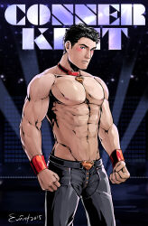 Rule 34 | 1boy, abs, animal collar, artist name, bara, belt, black belt, black hair, black pants, blush, character name, closed mouth, collar, dc comics, evinist, highres, kon-el, large pectorals, male focus, muscular, muscular male, navel, nipples, pants, pectorals, short hair, solo, superboy, topless male, wristband, young justice