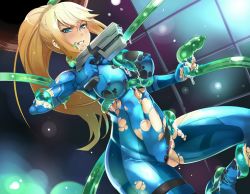 Rule 34 | 1girl, akinaie, black panties, blonde hair, blue eyes, blush, bodysuit, breasts, clenched teeth, covered erect nipples, covered navel, dissolving clothes, formal, gun, handgun, highres, large breasts, long hair, metroid, mole, mole under mouth, navel, nintendo, panties, pistol, ponytail, restrained, samus aran, skin tight, slime (substance), solo focus, suit, tank top, teeth, tentacles, torn bodysuit, torn clothes, underwear, weapon, zero suit