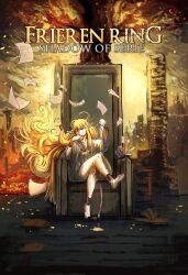 Rule 34 | 1girl, barefoot, blonde hair, book, commentary, cover, cup, elden ring, elden ring: shadow of the erdtree, elf, english commentary, fake cover, feet, full body, hair tubes, highres, holding, holding cup, long hair, long sleeves, ononotsu, open book, parody, pointy ears, pouring, robe, serie (sousou no frieren), short hair, sidelocks, sitting, soles, solo, sousou no frieren, spilling, tea, teacup, throne, toes, very long hair, very short hair, video game cover, white robe, yellow eyes