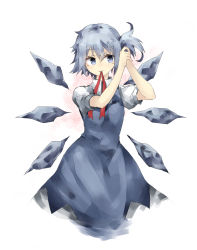 Rule 34 | 1girl, adjusting hair, alternate hairstyle, bad id, bad pixiv id, blue dress, blue eyes, blue hair, cirno, dress, highres, ice, ice wings, matching hair/eyes, one side up, puffy short sleeves, puffy sleeves, shirt, short sleeves, solo, suminagashi, touhou, tying hair, wings