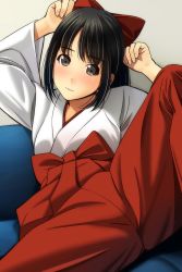 Rule 34 | 1girl, absurdres, arms up, black hair, blush, bow, brown eyes, couch, fingernails, hair bow, hakama, hakama pants, head tilt, highres, japanese clothes, kimono, light smile, long hair, long sleeves, looking at viewer, matsunaga kouyou, miko, nose blush, on couch, original, pants, parted lips, red bow, red pants, sidelocks, smile, solo, spread legs, white kimono, wide sleeves