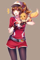 Rule 34 | 1girl, :d, animal on arm, artist name, belt, black pantyhose, blush, breasts, brown hair, cleavage, collarbone, creatures (company), eevee, female protagonist (pokemon go), game freak, gen 1 pokemon, grey background, hat, high ponytail, highres, holding, holding poke ball, jumpsuit, long hair, medium breasts, nintendo, open mouth, pantyhose, poke ball, poke ball print, pokemon, pokemon (creature), pokemon go, print headwear, red jumpsuit, sasucchi95, shiny clothes, short jumpsuit, short sleeves, simple background, smile, standing, water