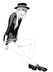 Rule 34 | 1girl, collarbone, female focus, full body, glasses, greyscale, hat, hood, hoodie, legs, long hair, monochrome, porkpie hat, short shorts, shorts, simple background, solo, sousou (sousouworks), spot color, white background