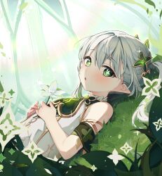 Rule 34 | 1girl, absurdres, armlet, bare shoulders, blush, commentary, cross-shaped pupils, danha, day, dress, dutch angle, flower, genshin impact, gold trim, gradient hair, grass, green eyes, green hair, hands on own stomach, highres, looking at viewer, lying, multicolored hair, nahida (genshin impact), on back, open mouth, outdoors, plant, pointy ears, solo, sunlight, symbol-shaped pupils, upper body, white dress, white flower, white hair, wide ponytail