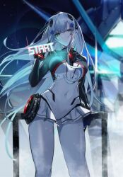 Rule 34 | 1girl, absurdres, blue hair, changpan hutao, covered navel, facial mark, feet out of frame, girls&#039; frontline, green eyes, hair ornament, head tilt, highres, hk416 (girls&#039; frontline), hk416 (midnight evangelion) (girls&#039; frontline), light blue hair, long hair, looking at viewer, official alternate costume, parted lips, science fiction, solo, two-tone bodysuit, very long hair, x hair ornament