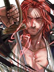 Rule 34 | 1boy, beard, facial hair, highres, holding, holding weapon, male focus, one piece, pectoral cleavage, pectorals, red hair, scar, scar across eye, scar on face, serious, shanks (one piece), shirt, short hair, sword, tobo katsuo, weapon