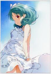 Rule 34 | 1girl, absurdres, arms behind back, asoka, bare arms, bare shoulders, blue sky, blush, border, bracelet, breasts, brown eyes, closed mouth, cowboy shot, curly hair, day, dress, frills, from side, green hair, hair ribbon, highres, idolmaster, idolmaster million live!, jewelry, looking at viewer, medium breasts, medium hair, non-web source, one eye closed, parted bangs, ribbon, scan, sky, sleeveless, sleeveless dress, small breasts, smile, solo, standing, sundress, tokugawa matsuri, white border, white dress, white ribbon