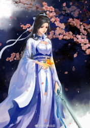 Rule 34 | 1girl, absurdres, black hair, branch, breasts, bug, butterfly, cleavage, dress, falling petals, flower, hair ornament, highres, index finger raised, insect, long hair, looking down, lu xueqi (zhu xian), lu xueqi tongren ye, medium breasts, night, night sky, petals, sky, smile, solo, sword, weapon, white dress, zhu xian
