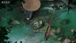 Rule 34 | 1girl, 1other, aged down, barefoot, black hair, blue hanfu, brown umbrella, chinese clothes, closed eyes, copyright name, copyright notice, deer, from above, green hanfu, hanfu, highres, jiu niangzi, leaf, logo, long hair, lying, moss, official art, official wallpaper, oil-paper umbrella, on ground, on side, reverse:1999, ripples, rock, sleeping, sleeves past elbows, umbrella, water, wide shot
