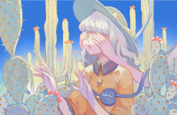 Rule 34 | 1girl, arms up, cactus, clea (geee13), covering another&#039;s eyes, covering own eyes, eyeball, hands on another&#039;s face, hat, hat ribbon, komeiji koishi, long hair, long sleeves, open mouth, ribbon, shirt, silver hair, solo focus, string, third eye, touhou, upper body, wide sleeves