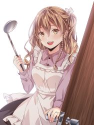 Rule 34 | 1girl, :d, absurdres, apron, black skirt, blonde hair, blush, braid, buttons, collared shirt, door, fingernails, hair between eyes, highres, holding, holding ladle, jewelry, kantai collection, kukimaru, ladle, long hair, long sleeves, open mouth, purple shirt, ring, shirt, simple background, skirt, smile, solo, teeth, upper teeth only, wavy hair, wedding band, white apron, white background, yellow eyes, zara (kancolle)