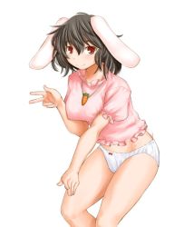 Rule 34 | 1girl, aged up, animal ears, black hair, blush, breasts, carrot, carrot necklace, covered erect nipples, female focus, inaba tewi, jewelry, kasuga yukihito, necklace, no pants, panties, pendant, rabbit ears, red eyes, short hair, solo, touhou, underwear, v, white panties