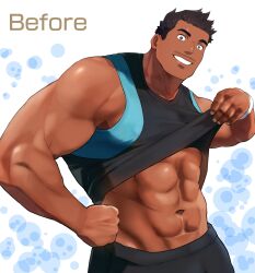 Rule 34 | 1boy, abs, bara, bare arms, black hair, black shirt, clenched hand, clothes lift, dark-skinned male, dark skin, facial hair, grin, highres, large pectorals, lifted by self, looking at viewer, male focus, marucoi (metabosukiy), mature male, muscular, muscular male, mustache stubble, navel, nipples, original, pectorals, shirt, shirt lift, short hair, sleeveless, sleeveless shirt, smile, solo, stomach, stubble, two-tone shirt