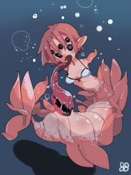 Rule 34 | 1girl, no arms, bikini top only, black eyes, breasts, colored skin, extra eyes, female focus, highres, monster girl, opabinia, original, personification, pink skin, short hair, solo, tomatojam, underwater