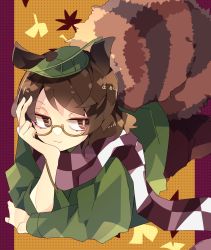 Rule 34 | 1girl, :3, animal ears, arm support, brown-framed eyewear, brown eyes, brown hair, brown pants, brown scarf, checkered clothes, checkered scarf, commentary, feet out of frame, fluffy, futatsuiwa mamizou, glasses, green shirt, hand on own cheek, hand on own face, highres, holding, holding smoking pipe, leaf, leaf on head, lying, nikorashi-ka, on stomach, one-hour drawing challenge, pants, raccoon ears, raccoon tail, scarf, semi-rimless eyewear, shirt, short hair, sideways glance, smoking pipe, smug, solo, tail, touhou, white scarf