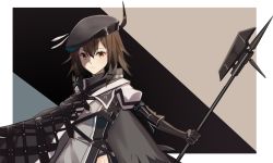 Rule 34 | 1girl, ahoge, arknights, armband, beret, black background, black gloves, blue background, border, brown eyes, brown hair, cape, commentary request, gloves, grey background, grey cape, grey shirt, hair between eyes, halberd, hat, highres, holding, holding polearm, holding weapon, infection monitor (arknights), looking at viewer, minuo, multicolored background, one-hour drawing challenge, outside border, plume (arknights), polearm, shirt, short hair, simple background, solo, upper body, weapon, white border