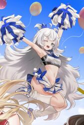 Rule 34 | 1girl, arms up, blue eyes, blush, breasts, cheerleader, goddess of victory: nikke, grey hair, long hair, looking at viewer, navel, one eye closed, open mouth, poli (cheer up police) (nikke), poli (nikke), skirt, small breasts, smile, solo focus, teddy (khanshin)