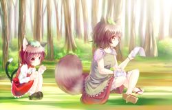Rule 34 | 2girls, animal ears, blurry, bottle, brown eyes, brown hair, cat ears, cat girl, cat tail, chen, depth of field, dqn (dqnww), female focus, futatsuiwa mamizou, glasses, hat, highres, indian style, leaf, leaf on head, multiple girls, multiple tails, notes, pince-nez, raccoon ears, raccoon tail, short hair, sitting, squatting, tail, touhou