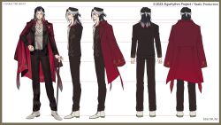Rule 34 | 1boy, absurdres, algorhythm project, belt, black belt, black hair, black jacket, black pants, character sheet, coat, copyright name, english text, hand on own hip, hand tattoo, headband, highres, holding, holding staff, jacket, jewelry, kaohom503, magnum (algorhythm project), multicolored hair, multiple rings, multiple views, neck tattoo, official art, open clothes, open coat, pants, red coat, red hair, ring, second-party source, shirt, staff, tattoo, thai commentary, virtual youtuber, white footwear, white hair, white headband, white shirt, yellow eyes