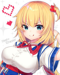 Rule 34 | 1girl, :q, akai haato, akai haato (1st costume), blonde hair, blue eyes, blush, breasts, closed mouth, collared shirt, commentary request, copyright name, dutch angle, gyozanuko, hair between eyes, hair ornament, hand up, heart, heart hair ornament, highres, hololive, long hair, medium breasts, neck ribbon, one side up, pixel art, red ribbon, ribbon, shirt, short sleeves, sidelocks, simple background, smile, solo, sparkle, tongue, tongue out, virtual youtuber, white background, white shirt