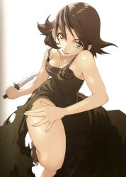 Rule 34 | 00s, 1girl, baccano!, black dress, black hair, chane laforet, dress, enami katsumi, knife, official art, scan, scan artifacts, smile, solo, thighs, torn clothes, yellow eyes