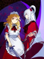 Rule 34 | 2girls, apron, blonde hair, breasts, capelet, closed mouth, cowboy shot, dark background, dress, expressionless, from side, hair bobbles, hair ornament, highres, holding, holding sword, holding weapon, kaigen 1025, long hair, looking at viewer, maid, maid apron, maid headdress, multiple girls, one side up, parted bangs, profile, puffy short sleeves, puffy sleeves, red capelet, red dress, red neckwear, red ribbon, ribbon, see-through, shinki (touhou), short sleeves, sideways glance, silver hair, simple background, small breasts, standing, sword, touhou, touhou (pc-98), wavy hair, weapon, white apron, white headwear, wings, yellow eyes, yumeko (touhou)