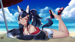 Rule 34 | 1girl, absurdres, animal ear fluff, animal ears, arm support, azur lane, bare shoulders, beach, beach umbrella, bikini, bikini under clothes, black choker, black hair, black jacket, blue sky, breasts, choker, clam shell, cleavage, closed mouth, cloud, collarbone, crossover, day, full body, hand on own cheek, hand on own face, highres, hololive, jacket, long hair, looking at viewer, lying, medium breasts, multicolored hair, ocean, off shoulder, on stomach, ookami mio, ookami mio (hololive summer 2019), outdoors, ponytail, red hair, sandals, shade, short shorts, shorts, side-tie bikini bottom, sky, smile, solo, starfish, streaked hair, sunlight, swimsuit, tail, the pose, umbrella, virtual youtuber, water, white shorts, wolf ears, wolf tail, yamabuki7979