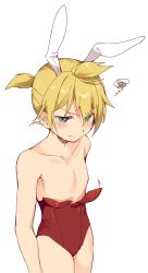 Rule 34 | 1boy, absurdres, animal ears, aqua eyes, blonde hair, blush, collarbone, commentary, cowboy shot, crossdressing, embarrassed, highres, hmniao, kagamine len, leotard, looking down, male focus, rabbit ears, red leotard, short ponytail, solo, spiked hair, squiggle, topless male, v-shaped eyebrows, vocaloid, white background