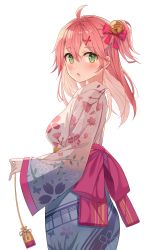 Rule 34 | 1girl, :o, absurdres, ahoge, alternate costume, bell, blush, colored inner hair, cowboy shot, floral print, from side, hair bell, hair ornament, hairclip, highres, hololive, japanese clothes, kimono, kinchaku, long hair, looking at viewer, looking to the side, multicolored hair, niji (rudduf232), obi, one side up, pink hair, pink kimono, pouch, print kimono, sakura miko, sash, simple background, solo, surprised, virtual youtuber, white background, x hair ornament, yukata