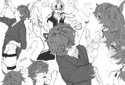 Rule 34 | !?, 2boys, blue eyes, closed eyes, doge (154), earrings, english text, fake horns, food, food in mouth, genshin impact, green eyes, greyscale, hair between eyes, headband, highres, holding, horned headwear, horns, jewelry, licking, male focus, mixed-language commentary, monochrome, multiple boys, multiple views, open mouth, phallic symbol, ponytail, popsicle, popsicle in mouth, sexually suggestive, shirt, signature, simple background, single earring, spot color, sweat, tartaglia (genshin impact), thoma (genshin impact), tongue
