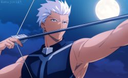 Rule 34 | 1boy, akujiki59, archer (fate), armpits, bare shoulders, bow (weapon), dark-skinned male, dark skin, drawing bow, fate/stay night, fate (series), full moon, holding, holding bow (weapon), holding weapon, male focus, moon, muscular, muscular male, official style, pectorals, short hair, sidepec, solo, spiked hair, upper body, weapon, white hair