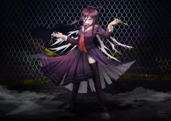 Rule 34 | 1girl, ahoge, arm up, artist name, body writing, braid, brown eyes, brown hair, caution, chain-link fence, commentary, danganronpa: trigger happy havoc, danganronpa (series), english commentary, fence, fukawa toko, genocider shou, glasses, hand up, highres, holding, holding scissors, long hair, long sleeves, long tongue, looking at viewer, mole, mole under mouth, open mouth, pastahands, purple hair, red eyes, round eyewear, school uniform, scissors, serafuku, shirt, shoes, skirt, smile, solo, standing, thighhighs, tongue, tongue out, torn clothes, torn shirt, torn skirt