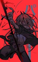 Rule 34 | 1girl, chainsaw man, character name, claws, cross-shaped pupils, crosshair pupils, grin, hair between eyes, hemokinesis, highres, holding, holding weapon, horns, jacket, leg up, long hair, off shoulder, oimo (14sainobba), pants, power (chainsaw man), red background, red eyes, sharp teeth, shirt, simple background, smile, solo, symbol-shaped pupils, teeth, text background, weapon