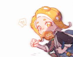 Rule 34 | !?, 1girl, bag, bag charm, blonde hair, blush, bread, bread slice, charm (object), clenched hands, collared shirt, food, food in mouth, fried egg, fried egg on toast, green necktie, grey jacket, jacket, late for school, long hair, looking at viewer, motion blur, mouth hold, necktie, nintendo, octoling, octoling girl, octoling player character, open clothes, open jacket, pink necktie, rrreunion4, school bag, school uniform, shirt, shoulder bag, simple background, sleeves rolled up, solo, speech bubble, splatoon (series), splatoon 3, striped necktie, suction cups, sweat, tentacle hair, toast, toast in mouth, two-tone necktie, upper body, white background, white shirt, yellow eyes