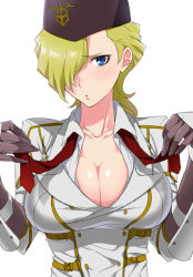 Rule 34 | 10s, 1girl, bad id, bad pixiv id, blonde hair, blue eyes, breasts, cleavage, gloves, hair over one eye, hat, hizuki akira, ixion saga, ixion saga dt, kt (ixion saga), large breasts, military, military uniform, simple background, solo, undressing, uniform, white background