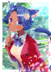 Rule 34 | 1girl, animal ear fluff, animal ears, warrior of light (ff14), blazer, blue eyes, blue hair, blurry, blurry background, blush, bow, breasts, cat ears, cat girl, cat tail, closed mouth, collared shirt, dark-skinned female, dark skin, depth of field, fang, fang out, final fantasy, final fantasy xiv, flower, hair flower, hair ornament, hand up, jacket, kou hiyoyo, long sleeves, looking at viewer, medium breasts, miqo&#039;te, open clothes, open jacket, original, parted bangs, pink flower, purple bow, red jacket, school uniform, shirt, short hair, smile, solo, sweater vest, tail, tail raised, upper body, white shirt, yellow flower