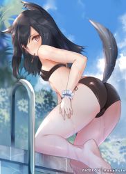 Rule 34 | 1girl, animal ears, arknights, ass, bare arms, bare legs, bare shoulders, barefoot, bikini, black bikini, black hair, blue sky, brown eyes, cloud, commentary, day, earrings, feet out of frame, food, food in mouth, foot out of frame, from behind, jewelry, long hair, looking at viewer, looking back, mouth hold, mujinbensin, mujinbi, outdoors, patreon username, pocky, sky, solo, swimsuit, tail, texas (arknights), thighs, wet, wolf ears, wolf tail, wrist cuffs