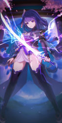 Rule 34 | 1girl, absurdres, blunt bangs, electricity, fingerless gloves, flower, full body, genshin impact, gloves, hair flower, hair ornament, highres, holding, holding sword, holding weapon, japanese clothes, kimono, kino (m6t2a), long hair, long sleeves, night, night sky, purple eyes, purple hair, purple kimono, raiden shogun, sky, solo, standing, sword, thighhighs, weapon, wide sleeves