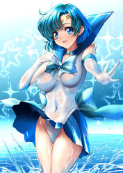 Rule 34 | 1girl, back bow, bishoujo senshi sailor moon, blue background, blue choker, blue sailor collar, blue skirt, bow, breasts, breasts apart, brooch, choker, commentary request, earrings, elbow gloves, gloves, gradient background, heart, heart brooch, jewelry, leotard, looking at viewer, mizuno ami, no bra, pleated skirt, sailor collar, sailor mercury, sailor senshi, sailor senshi uniform, sen (sansui), short hair, skirt, solo, star (symbol), star choker, starry background, water, wet, wet clothes, white gloves, white leotard