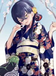 Rule 34 | 1girl, black hair, blue sky, blurry, blurry background, branch, carmine (pokemon), closed mouth, colored inner hair, commentary request, creatures (company), crossed bangs, demekin2333, flower, game freak, hair flower, hair ornament, hairband, highres, japanese clothes, kimono, mole, mole under eye, multicolored hair, nintendo, pink lips, pokemon, pokemon (creature), pokemon sv, red hair, red hairband, red nails, sinistcha, sky, smile, two-tone hair, yellow eyes, yellow flower