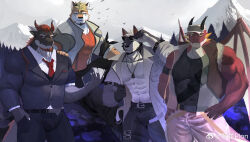 Rule 34 | 4boys, abs, absurdres, animal ears, artist request, bara, baseball cap, beard, bulge, cowboy shot, dragon (any), dragon boy, dragon ears, facial hair, formal, friends, full beard, furry, furry male, goatee, group picture, hat, highres, jaguar boy, large pectorals, looking at viewer, male focus, mature male, multiple boys, muscular, muscular male, navel, navel hair, original, pants, pectoral cleavage, pectorals, red hair, romg, romg the jaguar, standing, stomach, suit, thick eyebrows, wolf boy