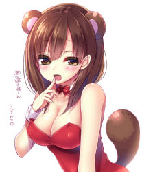 Rule 34 | 1girl, anegasaki nene, animal ears, blush, bow, bowtie, breasts, brown eyes, brown hair, cleavage, detached collar, finger to mouth, large breasts, leotard, looking at viewer, love plus, masayu, mole, mole under eye, nontraditional playboy bunny, playboy bunny, raccoon ears, raccoon tail, red leotard, short hair, simple background, smile, solo, tail, translation request, white background, wrist cuffs