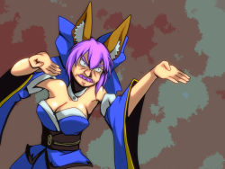 Rule 34 | 1girl, animal ear fluff, animal ears, bare shoulders, blue bow, blue kimono, blue ribbon, bow, breasts, cleavage, closed mouth, commentary request, detached sleeves, facial hair, fate/extra, fate (series), fighting stance, fox ears, fox girl, fusion, g gundam, gundam, hair bow, hair ribbon, hinnnyuuha, japanese clothes, kimono, looking to the side, master asia, mustache, obi, parody, polygamist castration fist, purple hair, ribbon, sash, solo focus, tamamo (fate), tamamo no mae (fate/extra), what