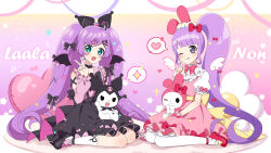 Rule 34 | 2girls, :d, absurdres, ahoge, animal ears, black footwear, black skirt, black wings, blunt bangs, blush, bow, commission, crossover, demon wings, dress, ebi nana, fake animal ears, flower, full body, hair bow, hand up, heart, highres, jirai kei, kuromi, long hair, looking at viewer, manaka laala, manaka non, mary janes, multiple girls, my melody, official style, one eye closed, onegai my melody, open mouth, pink bow, pink dress, pink shirt, pixiv commission, pretty series, pripara, puffy short sleeves, puffy sleeves, purple eyes, purple hair, rabbit ears, sanrio, shirt, shoes, short sleeves, siblings, side ponytail, sisters, sitting, skirt, smile, socks, speech bubble, spoken heart, spoken sparkle, thighhighs, tongue, tongue out, twintails, v, very long hair, wariza, white flower, white shirt, white socks, white thighhighs, wings