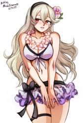 Rule 34 | 1girl, 2019, anklet, artist name, bare shoulders, bikini, bikini skirt, black bow, bow, breasts, cleavage, collarbone, corrin (female) (fire emblem), corrin (female) (summer) (fire emblem), corrin (fire emblem), cowboy shot, dated, female focus, fire emblem, fire emblem fates, fire emblem heroes, flower, flower necklace, front-tie top, hair flower, hair ornament, hairband, jewelry, lei, medium breasts, microskirt, mina cream, navel, necklace, nintendo, official alternate costume, red eyes, silver hair, simple background, skirt, smile, solo, swimsuit, thigh strap, white background, white bikini