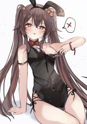 Rule 34 | 1girl, animal ears, black leotard, blush, bow, bowtie, bracelet, brown eyes, brown hair, flower, flower-shaped pupils, genshin impact, hair flower, hair ornament, highres, hu tao (genshin impact), jewelry, leotard, looking at viewer, maruro, multicolored flower, playboy bunny, rabbit ears, rabbit girl, red bow, red bowtie, red flower, solo, symbol-shaped pupils, tongue, tongue out, twintails, yellow flower