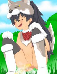 Rule 34 | 1girl, absurdres, animal ear fluff, animal ears, animal hands, animal hat, black hair, black thighhighs, blush, boots, breasts, claws, cleft of venus, closed eyes, cloud, fang, female focus, frostyneko, fur collar, ganaha hibiki, gloves, grass, hands on own knees, hat, highres, idolmaster, idolmaster million live!, idolmaster million live! theater days, knee boots, long hair, navel, nude, open mouth, outdoors, paw gloves, pee, peeing, pussy, sky, small breasts, smile, solo, squatting, steam, tail, thighhighs, thighs, tongue, uncensored, white footwear