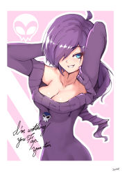 Rule 34 | 1girl, arms behind head, breasts, cleavage, drill hair, fgrin, hair over one eye, highres, komo-d, long hair, medium breasts, off-shoulder sweater, off shoulder, purple hair, seductive smile, smile, sweater, zone-tan